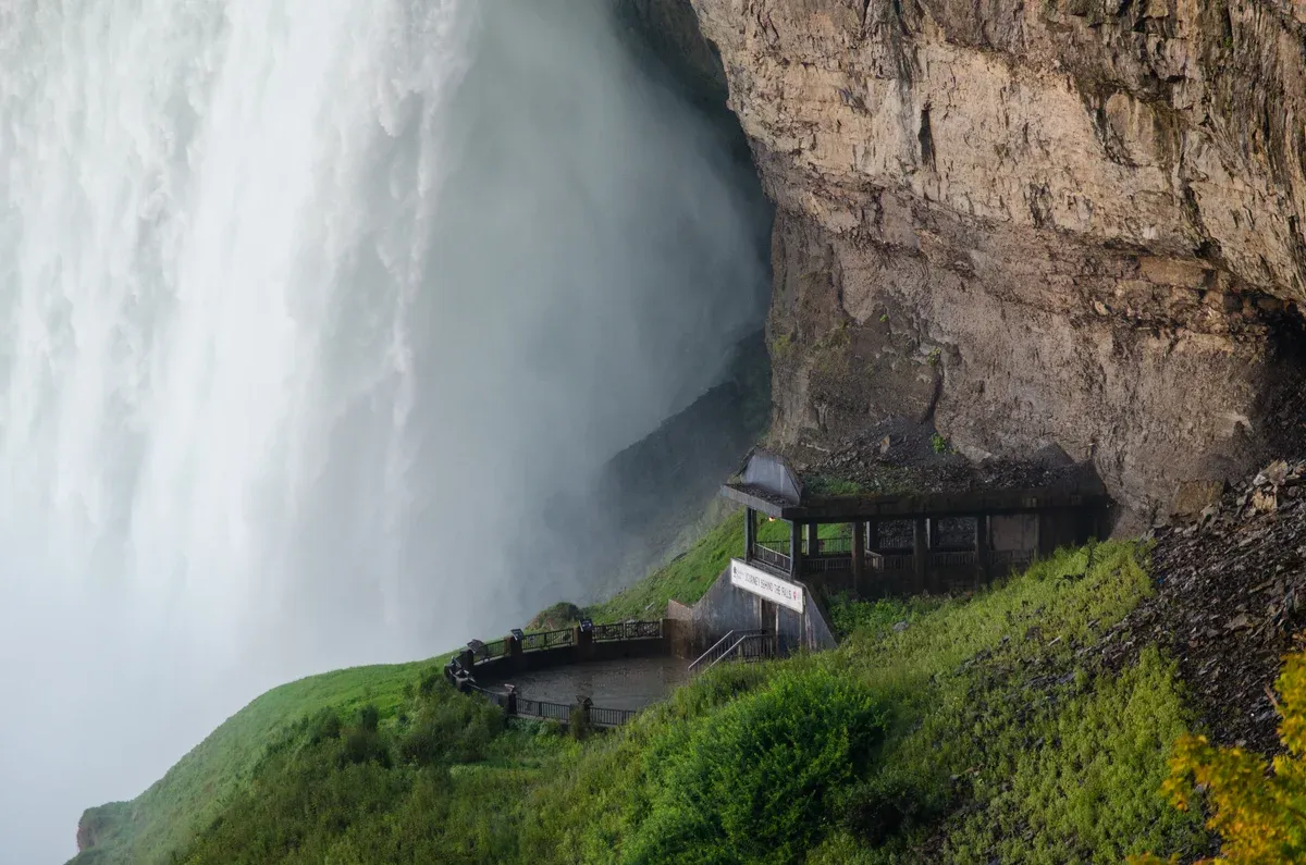 The Journey Behind the Falls lower deck at the foot of the Horseshoe Falls on a Niagara Falls tour from Toronto